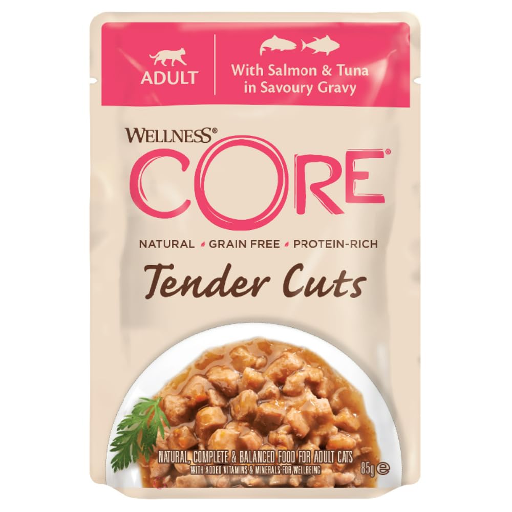 Wellness CORE Tender Cuts 6 x 85g, Multipack Saumon/Thon/Crevettes – Tendre Morceaux pour Chats Adultes, sans Céréales, Naturelles, Hypoallergénique, Riche en protéines, À Haute Teneur en Poisson,