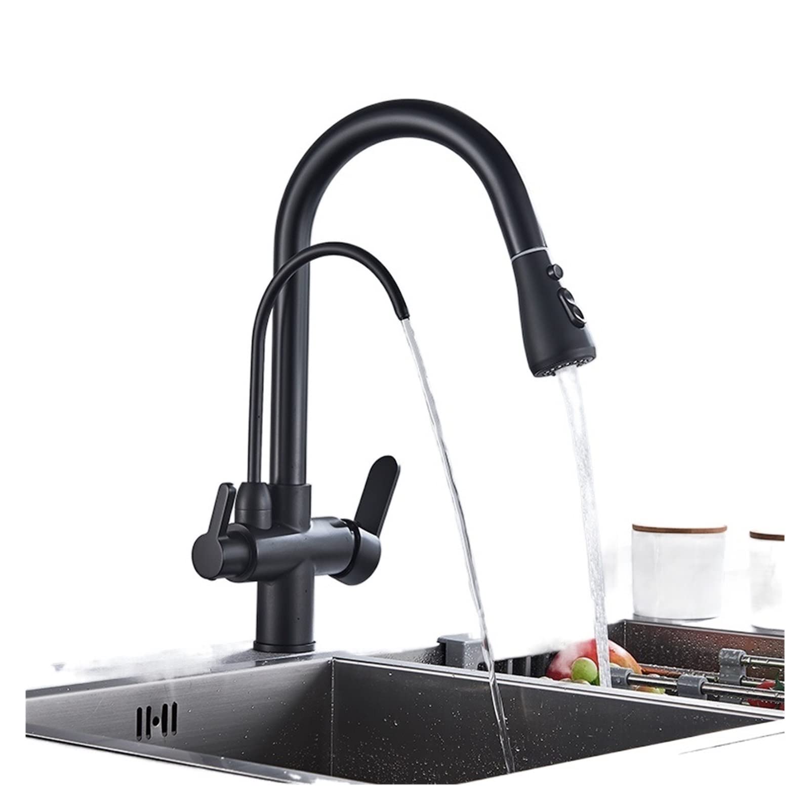 Waterfilter Taps Kitchen Faucets Dual Handle Deck Mounted Mixer Tap 360 Degree Rotation Water Purification Feature Crane,Precise Control(Matte Black)