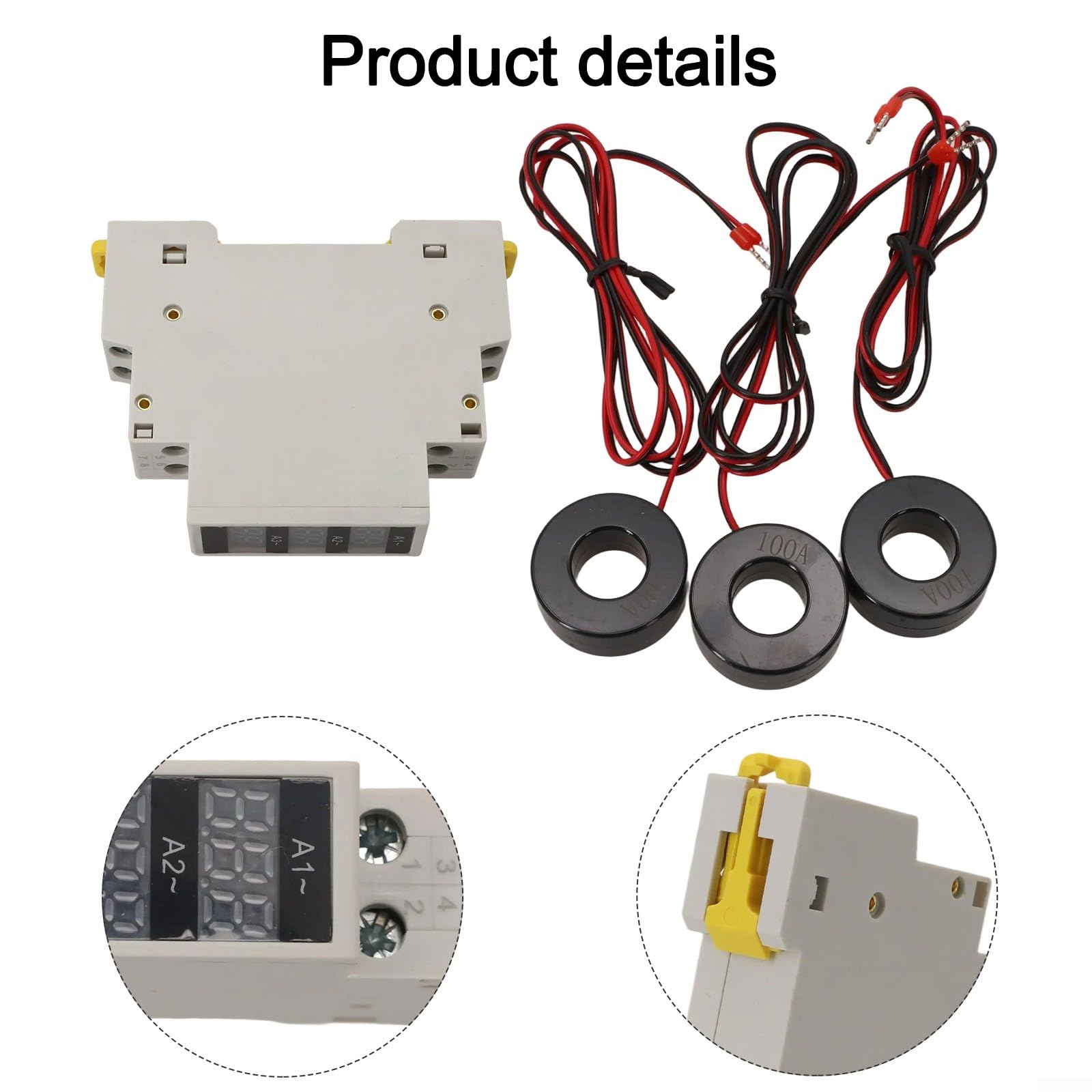 Mini amperometro digitale trifase su guida DIN con display a LED, rilevamento corrente 1-100A, intervallo di tensione AC80-500V 50/60Hz per monitoraggio elettrico industriale o commerciale