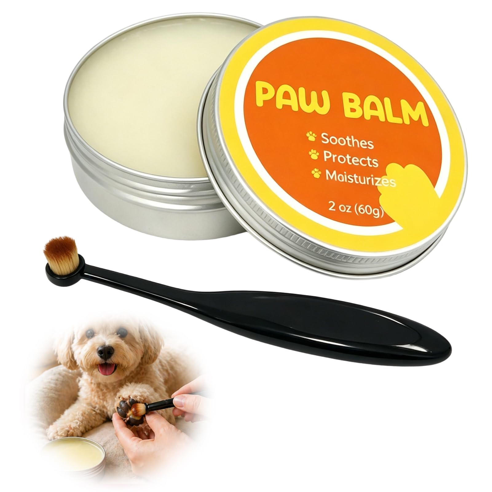 Dog Paw Balm 60g with Brush, Lick Safe Paw Balm for Dogs, All Natural Wax, Coconut Oil and Shea Butter Moisturizer for Pads Snouts, Protector for Dry Cracked Damaged Paws, Relieve skin irritation