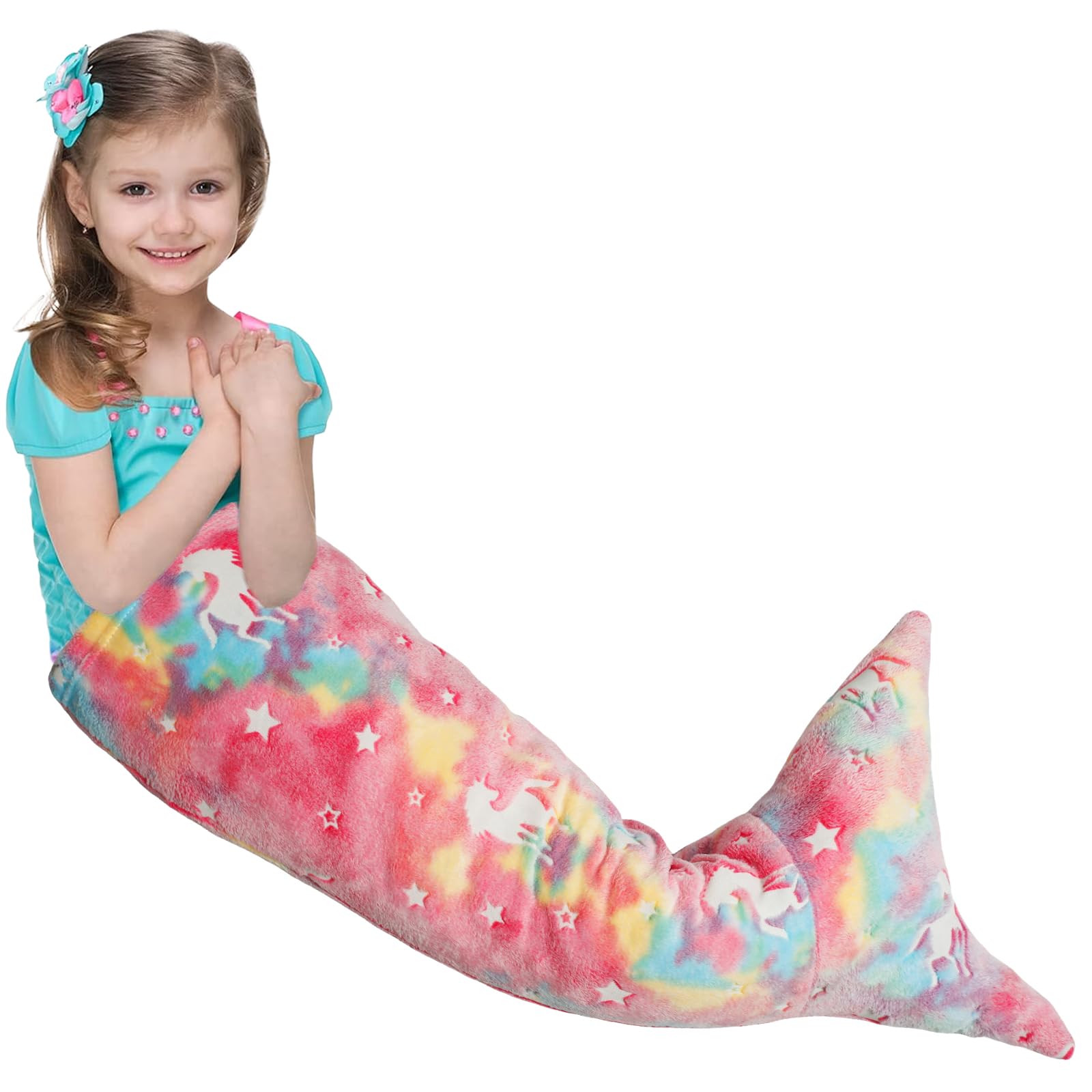 Qinglang Girls Colorful B Mermaid Tail Blanket Glow In The Dark Mermaid Blanket For Boys Gifts 50X100cm All Seasons Soft Flannel Sleeping Bag With Fish Scales