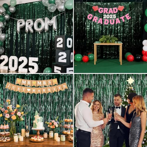Image of Dark Green Party Birthday Decorations Door Streamers Fringe Tinsel Foil Curtain, 2 Pack 3.3x8.2ft Dark Green Backdrop for Birthday Jungle Party Dinosaur Animal St Patrick's Day Christmas Decorations