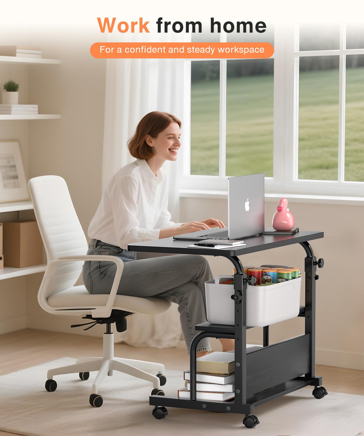 Escritorio portátil con ruedas de altura ajustable para espacios pequeños, escritorio de computadora de 32 pulgadas con estantes de almacenamiento para oficina en casa, color negro 7