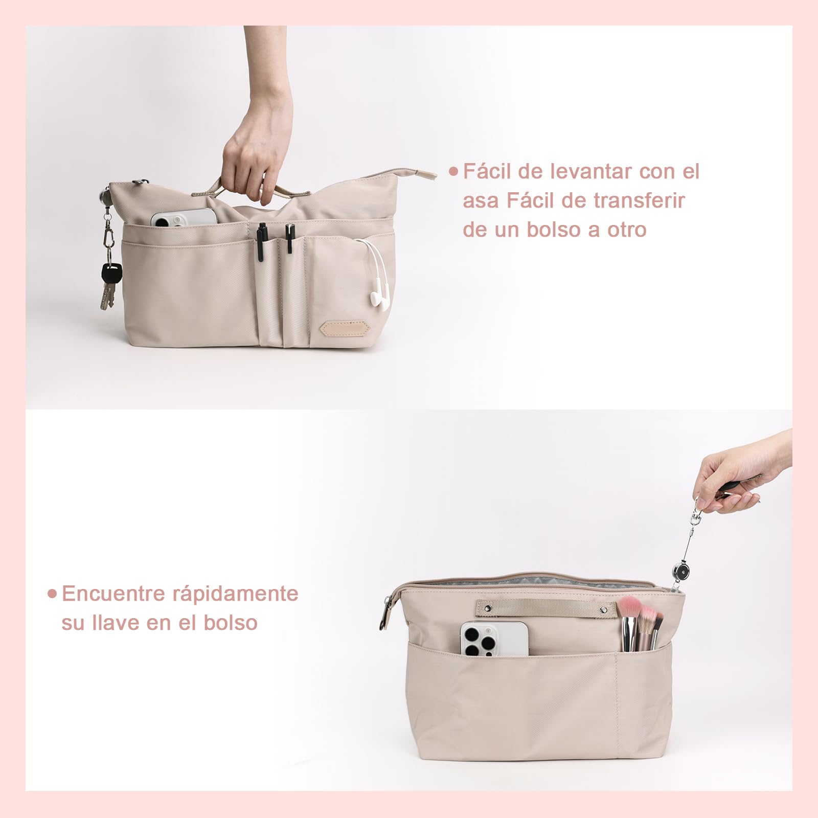 GADITIEK Organizador Bolsos, Organizador De Bolsos Poliéster con Llavero, Organizador Bolsos De Mujer para Bolsos Longchamp Le Pliage l,y Más... Tote Bag Organizer (Beige, L)