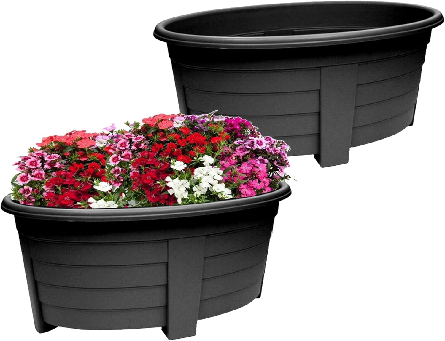SIDSONS 55cm Large Plastic Oval Plant Pot - Garden Flower Planter Pots Garden Window Herb Box, (Pack Of 2) Indoor & Outdoor Flower Pots/Plant Pot, DIY Drainage Holes, 55cm diameter (2, Sleek Black)