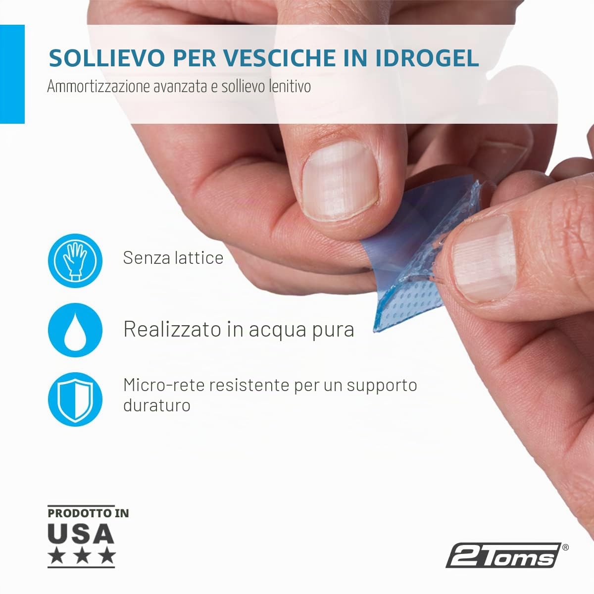 2Toms Skin-On-Skin – 200 Quadrati in Idrogel – Cerotto per Vesciche Piedi e Talloni, Protezione e Sollievo dalle Scottature – Cerotti per Vesciche Non Adesivi e Lenitivi