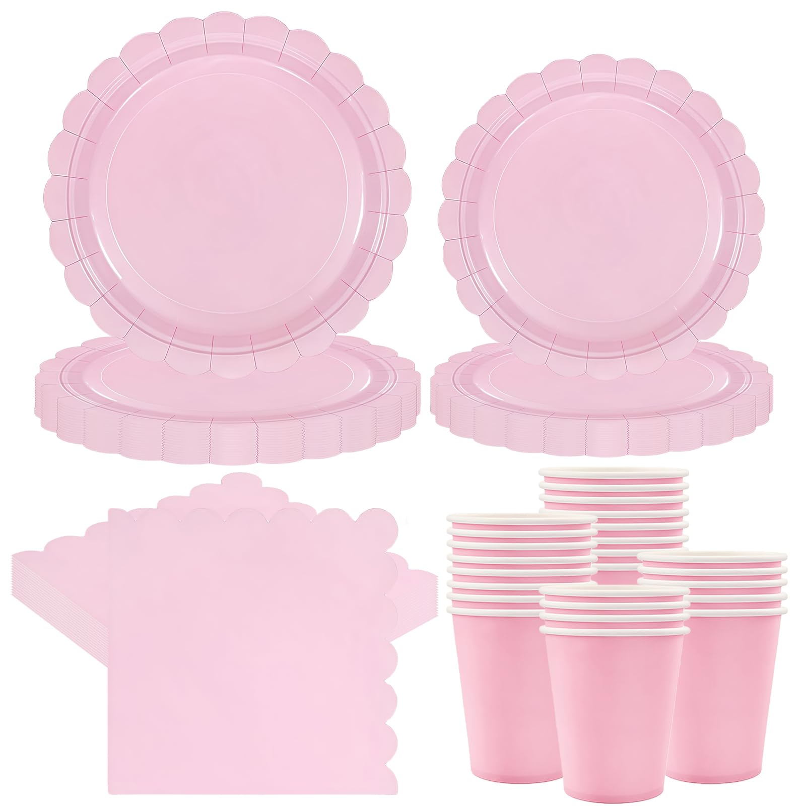 100 Pcs Pink Scalloped Party Tableware Set, Pink Paper Plates Cups and Napkins for 25 Guests, Birthday Baby Shower Wedding Girls Party Supplies