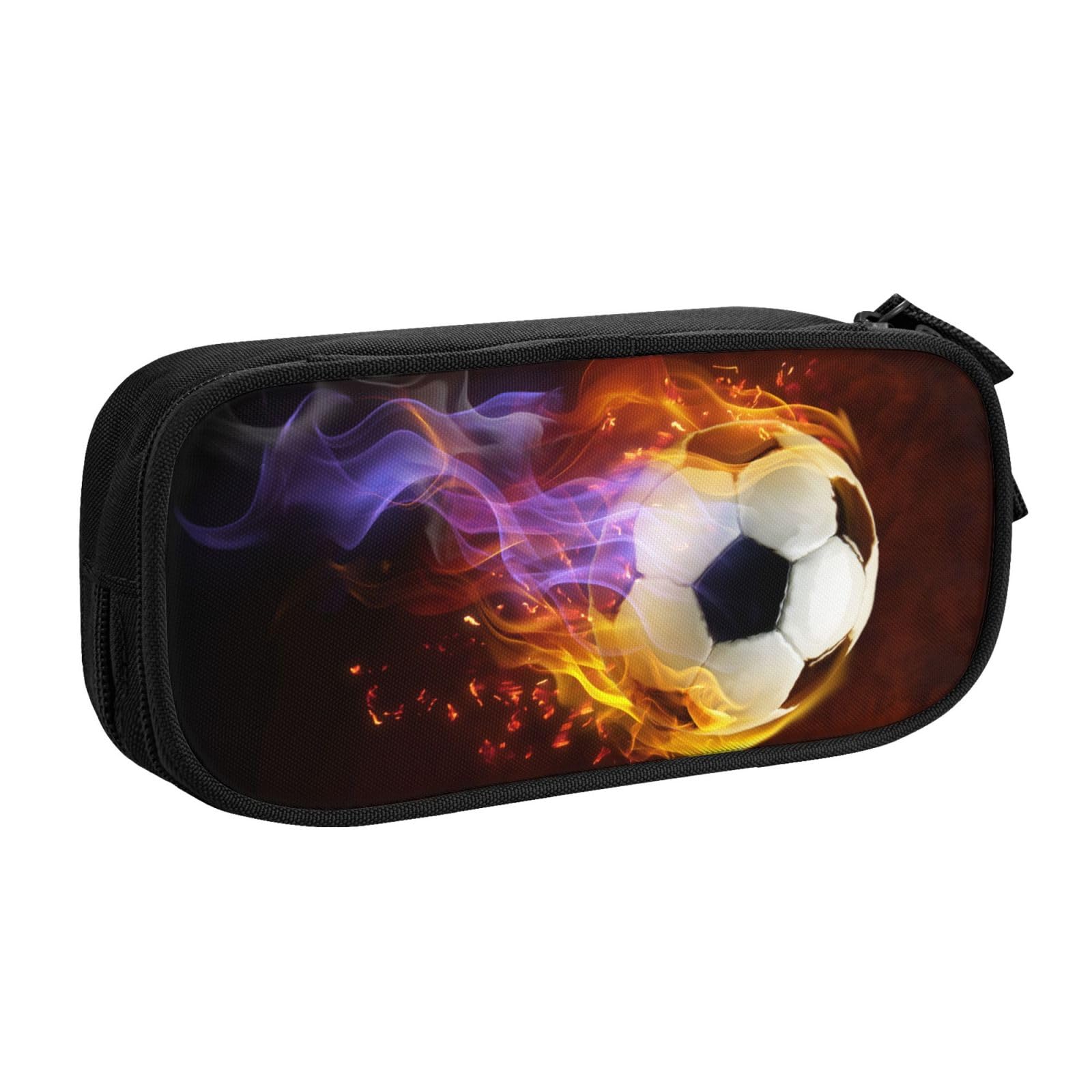 YIJIUWKIS Kids Boys Pencil Case Large Capacity Pencil Box Storage Pen Bag with Zippers, Sports Black Pencil Pouch Stationery Case with Fire Soccer
