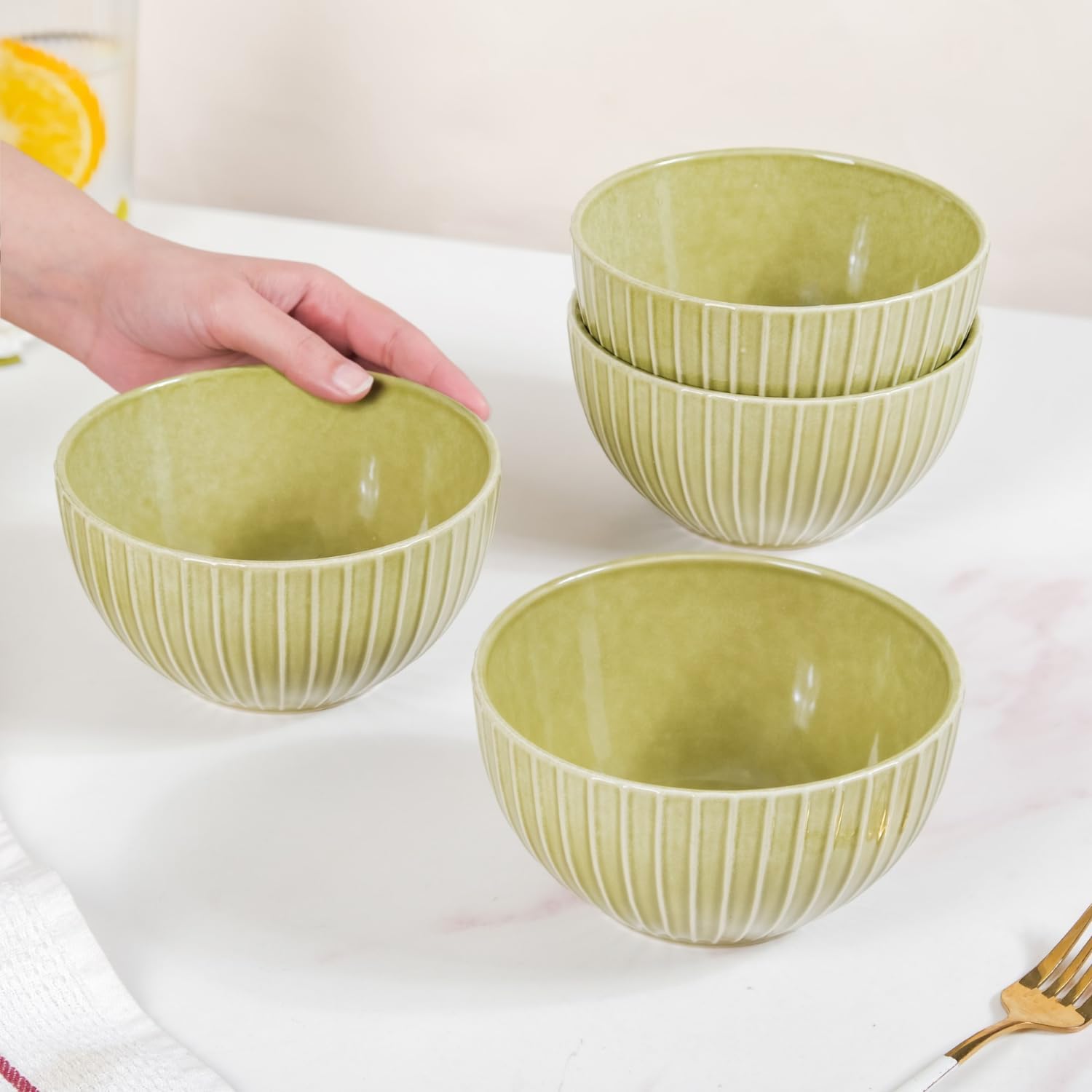 Nestasia Ceramic Bowl for Snacks - Dishwasher & Microwave Safe Bowl Set of 4, Ribbed Texture Serving Bowl Set for Rice, Dal, Vegetables, Fruits, Salad, Maggi & Noodles (Green- 650ml)