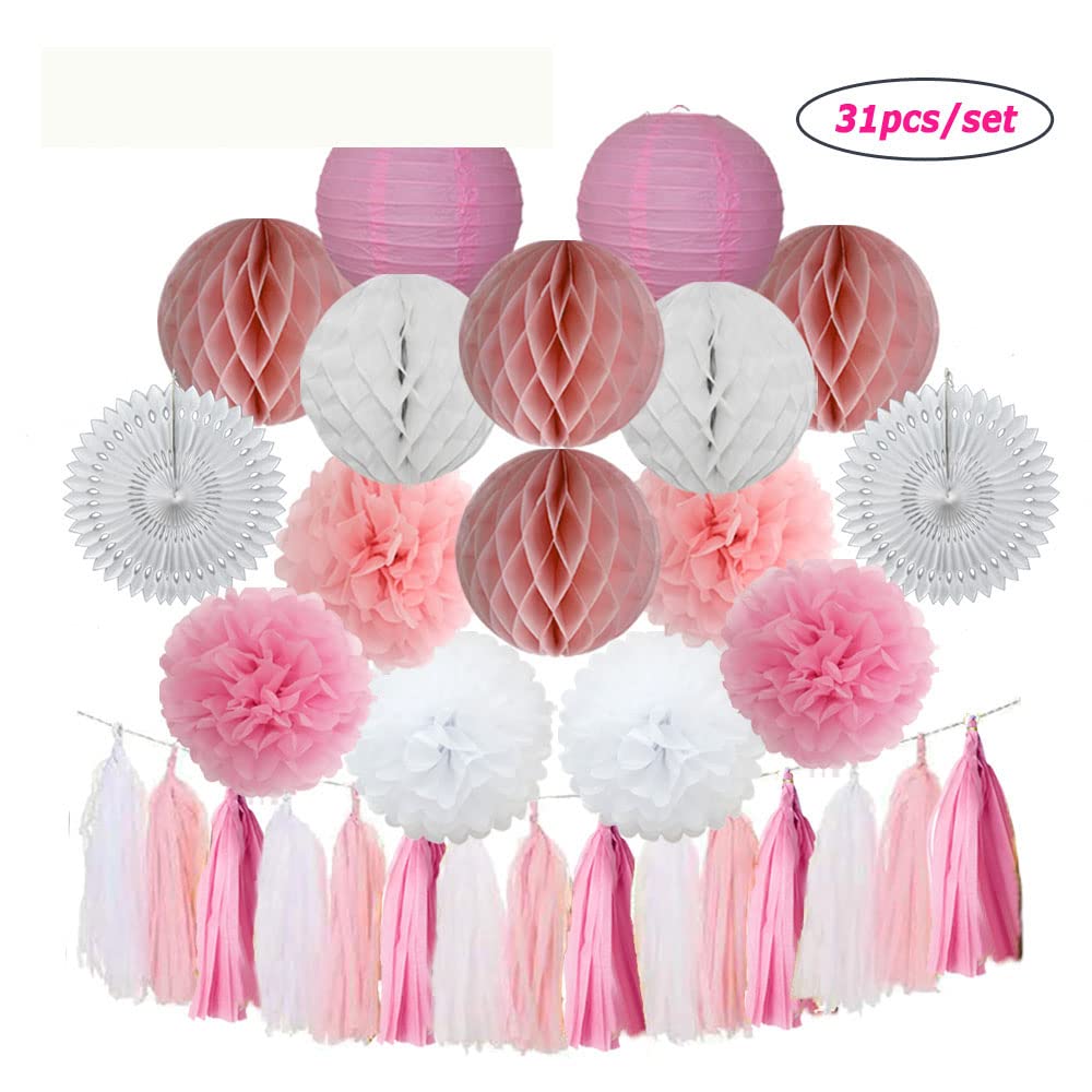 Zestaw papierowych lampionów, Fioletowy biały zestaw okrągły papierowy latarenka wentylator z chusteczek pompon frędzle na przyjęcie upominek ślubny wystrój(Green Set)