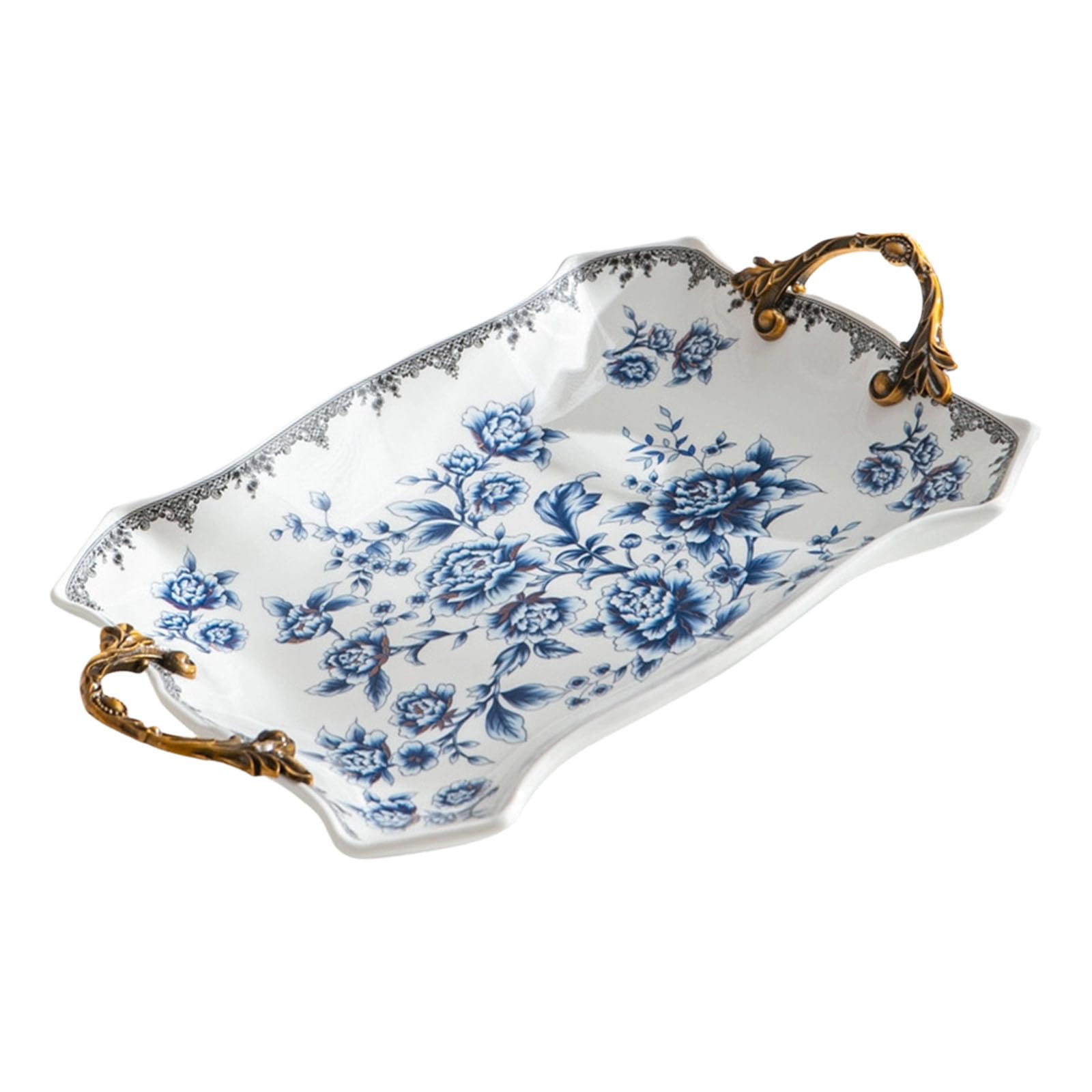 Tsophreniq Spacious 37Cm Wide Ceramic Serving Plate with Ornamental Handle Retro Themed Snacks Tray for Entertaining Handcrafted Dessert Plate