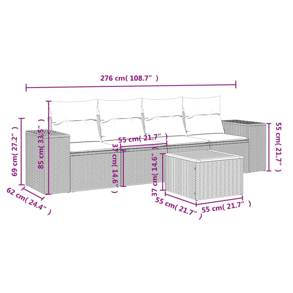vidaXL Set de Muebles de Jardín con Cojines 5 pzas, Mesa y Asientos Modulares, Conjunto de Sofás para Terraza Patio, Ratán Sintético Negro