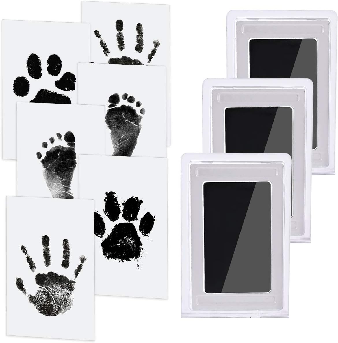 Baby Handprint and Footprint Kit, 3 Ink Pads with Clean-Touch, 6 Imprint Cards, Pet Paw Inkless Print, Safe Non-Toxic for Feet and Hands, Family Keepsake - Black