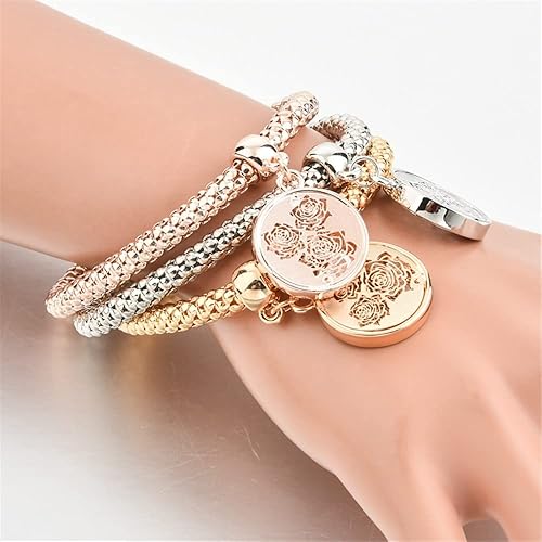 Miniatura 4 de SILANER Pulseras multicapa con dijes de cristal, 3 pulseras de cadena de maíz de oroplataoro rosa para mujer, pulsera elástica en forma de corazón