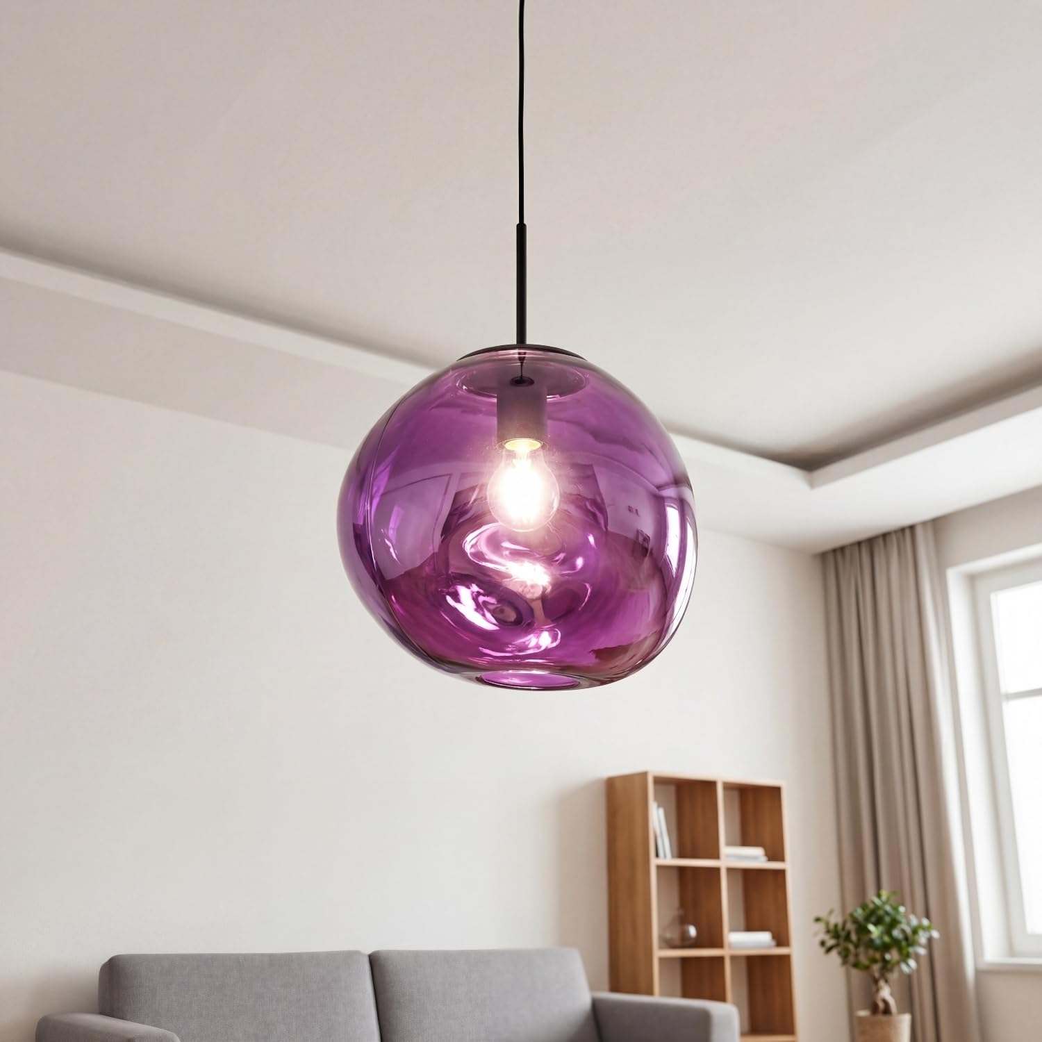 Licht-Erlebnisse Hängelampe Esszimmer Glas Lila Wohnzimmer Esstisch Metall E27 Ø36 cm rund Modern mundgeblasen verspiegelt Lava-Glas dekorativ Pendelleuchte Küche
