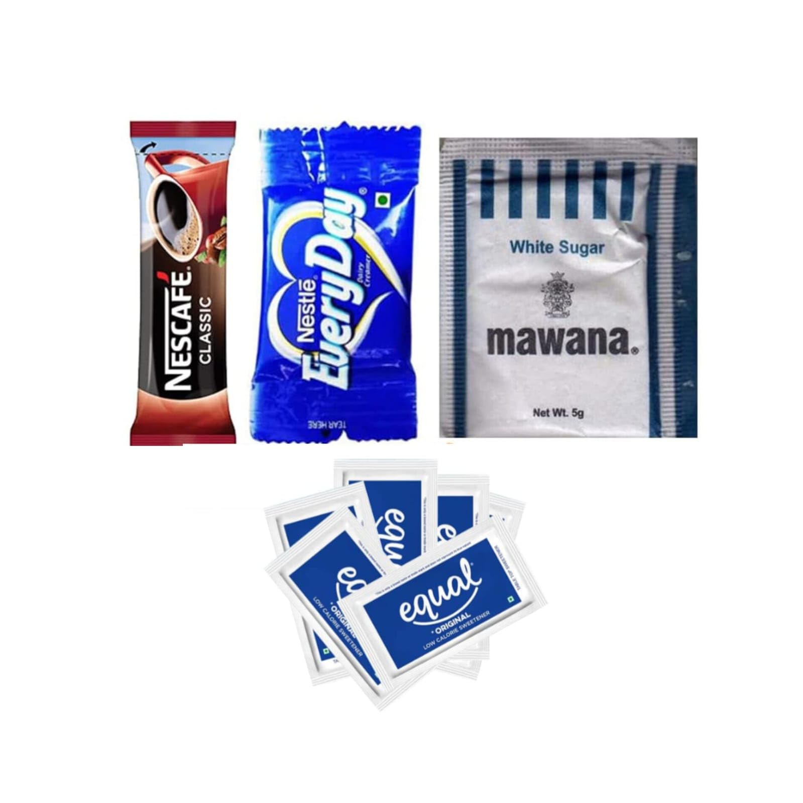 NEWRISE Combo (Coffee 60 Pcs + Creamer 150 Pcs + Sugar 200 Pcs + 10 Pcs Equal Sugar and Stirrers)