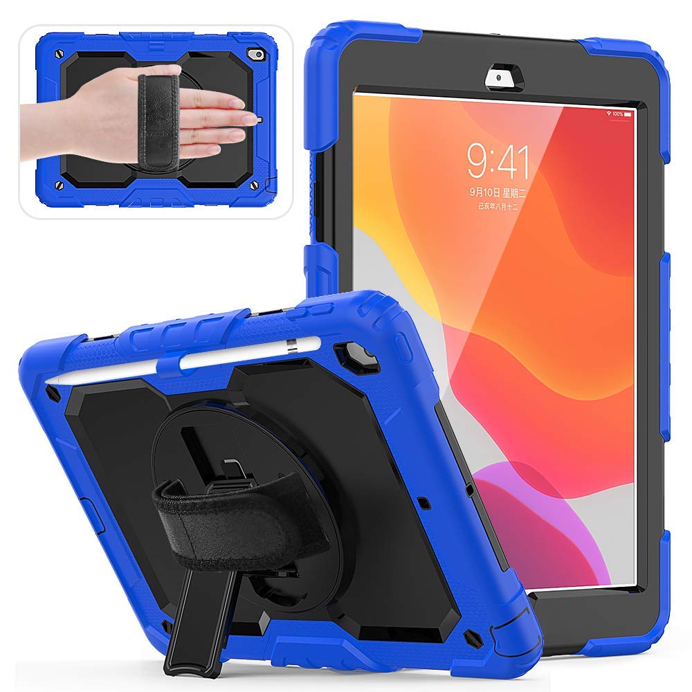 JH New iPad 10.2 Case 2019, iPad 7th Generation Silicon Case with Pencil Holder Stand Hand Strap and Shoulder Belt, Shockproof Case for iPad 10.2 inch 2019 Tablet A2197/A2198/A2199/A2200 (Black Blue)