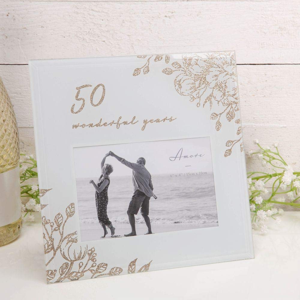 Amore Anniversary Grey Glass 6'x4' Photo Frame with Glitter/Wording - 50 Years Together