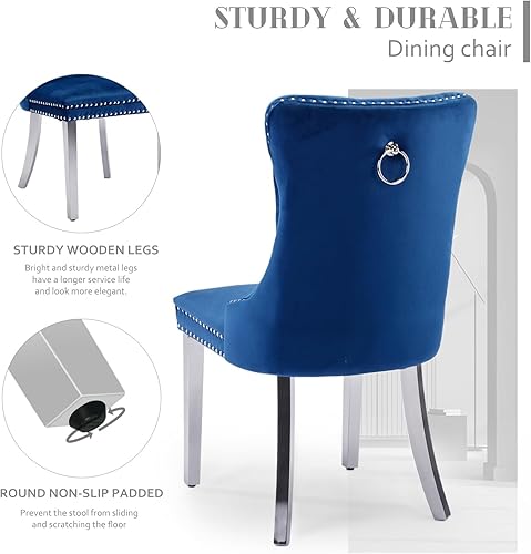 Miniatura 8 de Juego de 2 sillas de comedor de terciopelo, sillas decorativas tapizadas con patas chapadas de acero inoxidable, ribete de cabeza de clavo, tirador