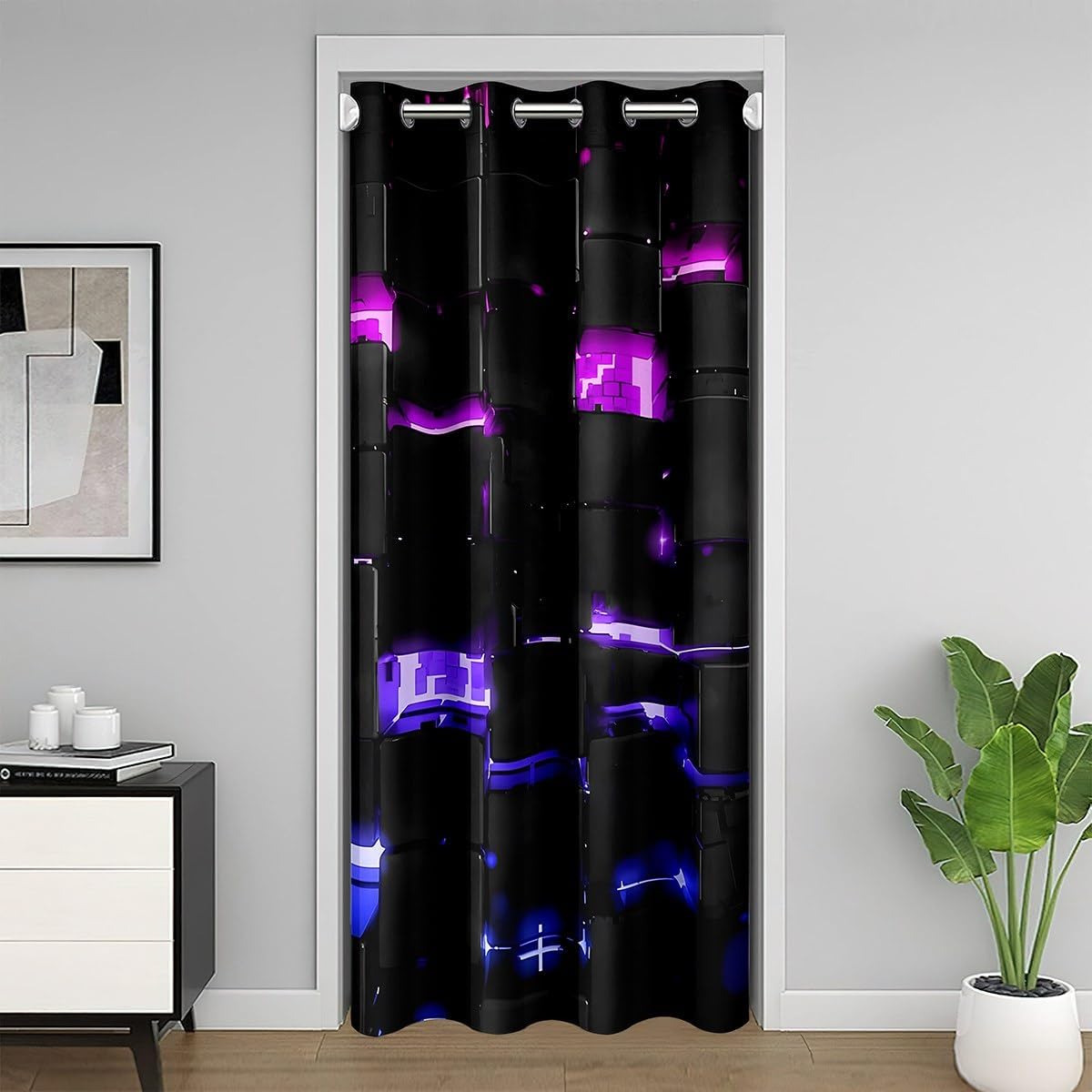 Feelyou Black Pink Purple Square Ombre Doorway Curtain Privacy 1 Panel 59"x80" 3D Rendering Abstract Art Blackout Insulated Thermal Curtain Modern Door Cover Curtain Stripes Window Treatment