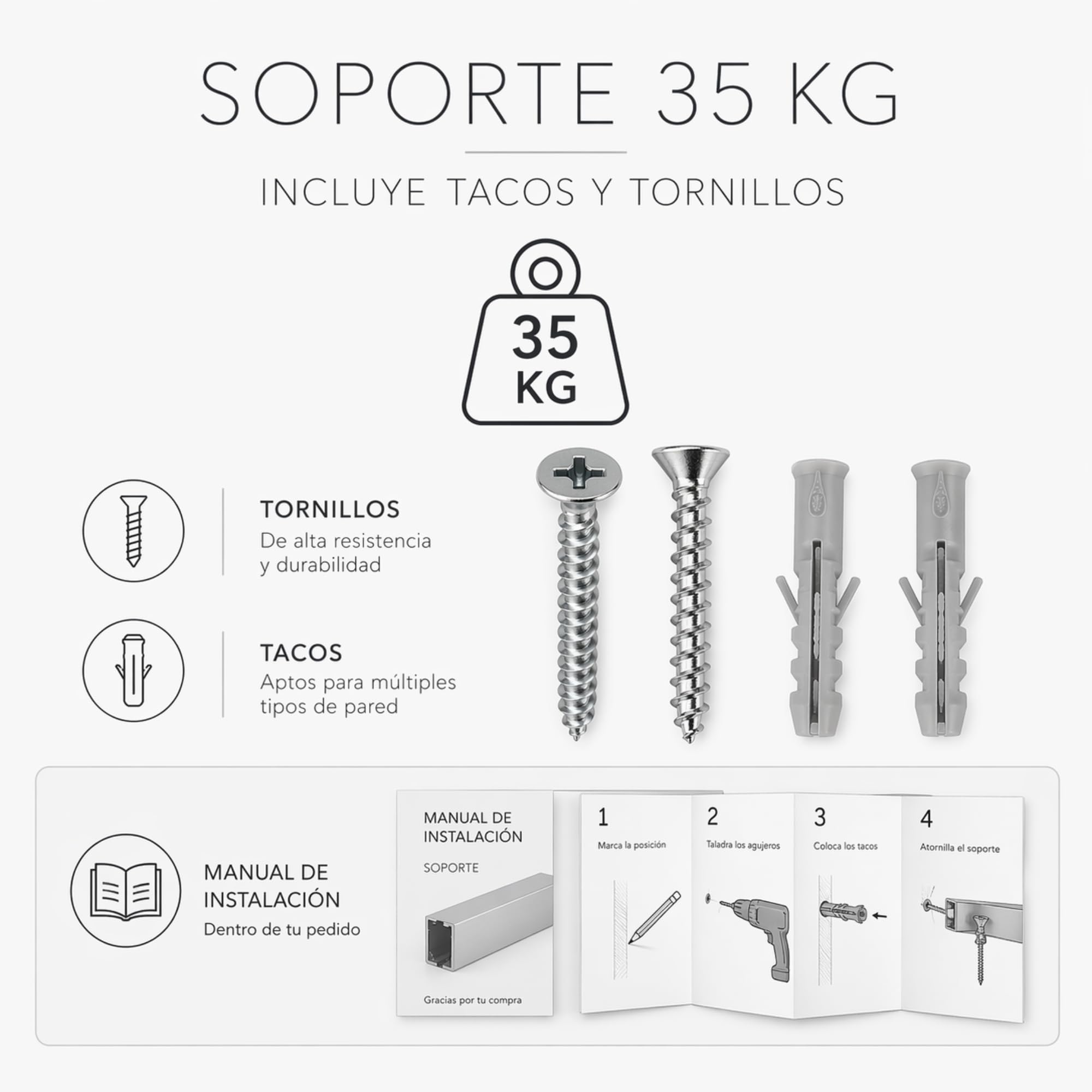 Colgar Cuadros - Guía de Aluminio Blanca 150 cm | Sistema para Colgar Cuadros Ajustable | 4 Colgadores Nylon | Fácil Instalación en Pared y Pladur | Incluye Tornillos y Tacos