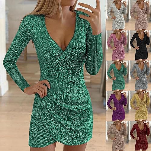 Vestido feminino de lantejoulas brilhantes gola V mangas compridas elegante vestido elegante cor sól