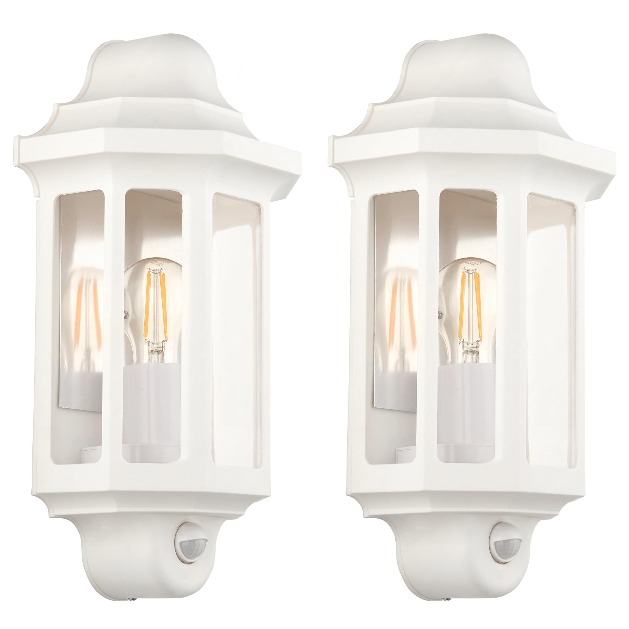 Bamboo Panda 2 x Half Lantern Wall Light Traditional Outdoor 15W LED E27 GLS IP44 Matt Garden Lamp (White, with PIR) — image 1