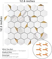 Vista 4 de STICKGOO Salpicaduras para pegar y pelar para la cocina, azulejos autoadhesivos hexagonales de mosaico (10 hojas, mármol blanco con metal dorado)