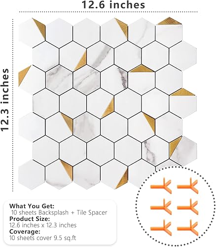 Miniatura 10 de STICKGOO Pelar y pegar contra salpicaduras para cocina, azulejos de mosaico hexagonales autoadhesivos (10 hojas, mármol blanco)