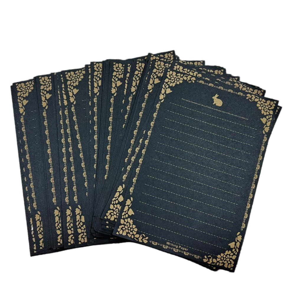 100 Sheets Rabbit Stationery Lined Paper,A5 Stationery Writing Paper with Antique Border Design,Letter Size (Unpunched) Ruled Filler Paper, Stationery for Writing Letters,Vintage Invites (Black)