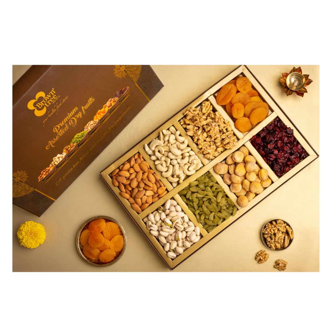 Browntree Premium 8pcs (500g) | Cashewnut, Almond, Raisins, Pista, Walnut kernals, Apricot, Cranberry Slice, Apricot Seedless | Fresh & Healthy Dry Fruits and Nuts for Coworkers, Relatives, and Friends | Ideal gift box for Diwali and all celebration | Dry Fruit Gift Hamper| Corporate Gifts (Premium-8p)-image-11