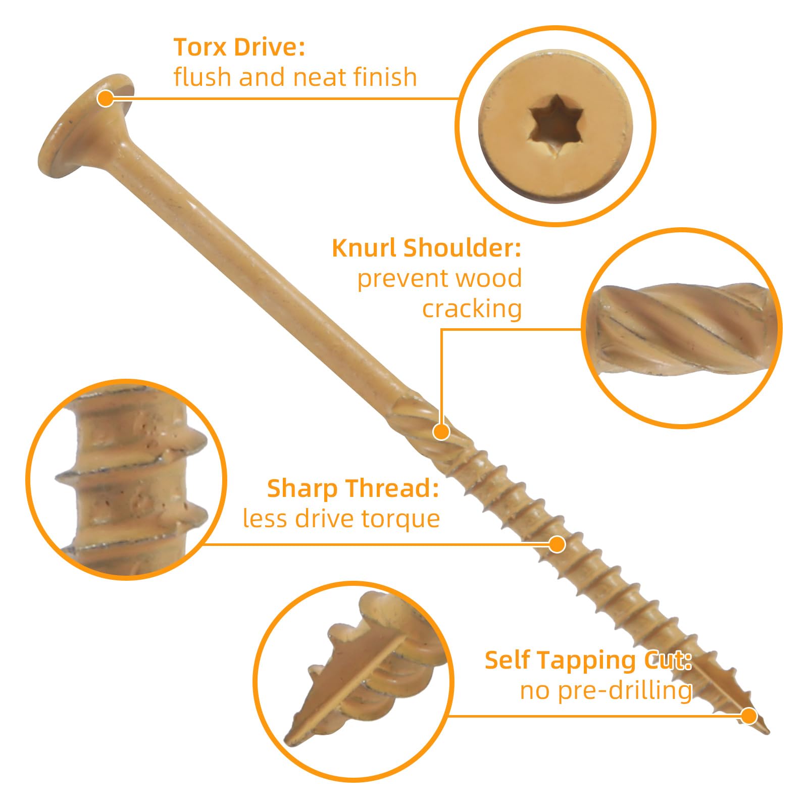 Tornillos de retraso #14 x 5 (200 piezas), tornillo de madera estructural, tornillos de retraso con revestimiento exterior resistente para madera, tornillos de cubierta con broca de estrella