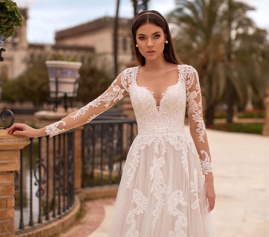 Brautkleid A-Linie Lang Spitze Standesamt Hochzeitskleid mit Ärmel Prinzessin Brautkleider Hochzeitskleider