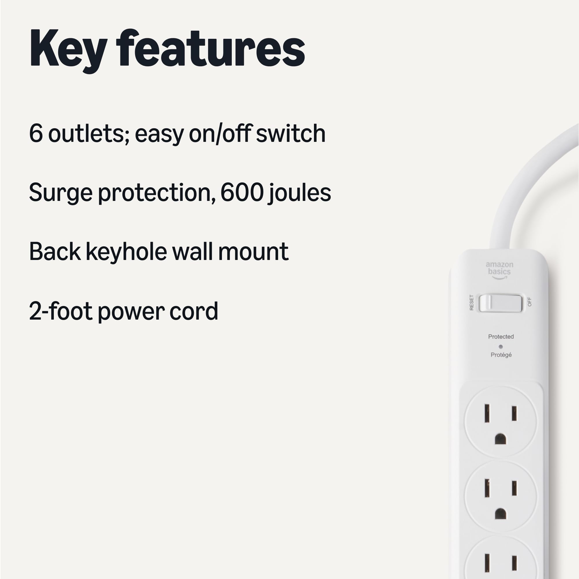 Amazon Basics Rectangle 6-Outlet, 600 Joule Surge Protector Power Strip, 2ft, Small, White, 2-Pack