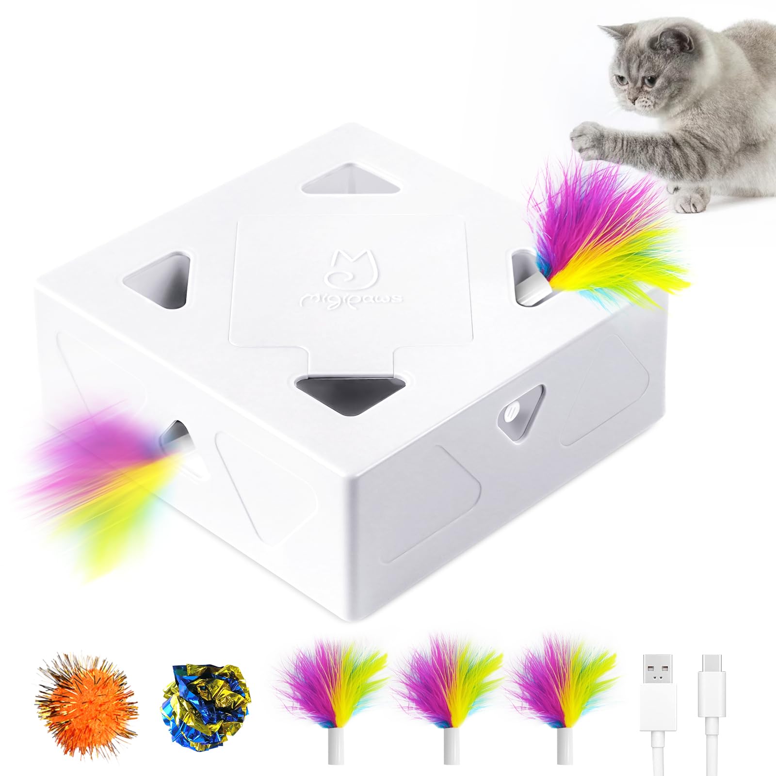 Migipaws cat toys, interactive automatic 7-hole-mouse MigiBox, intelligent feather kitten toy, Cardboard toy for bored cats, Rechargeable, 5ps Accessories