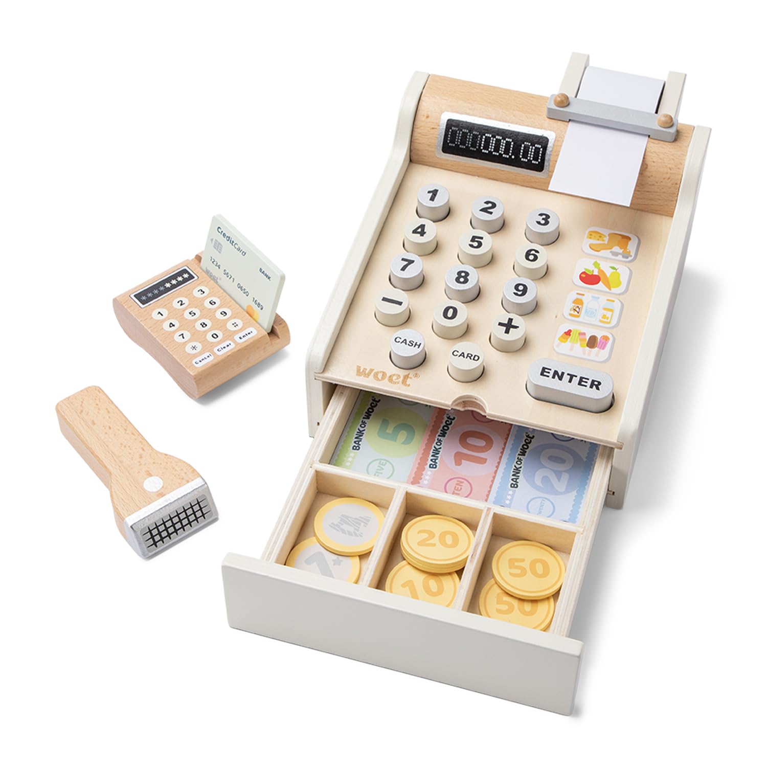 Woet® Caisse enregistreuse Jouet Blanc en Bois pour Enfants - Jouet Marchande avec Scanner et Lecteur de Carte - Set de Caisse d'Imitation - À Partir de 3 Ans