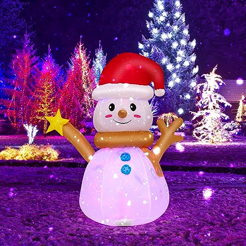 Tangkula Muñeco de nieve inflable de Navidad iluminado de 4 pies con luz LED colorida giratoria de 360°, decoración de Navidad inflable, decoración de patio de Navidad iluminada, decoración de patio