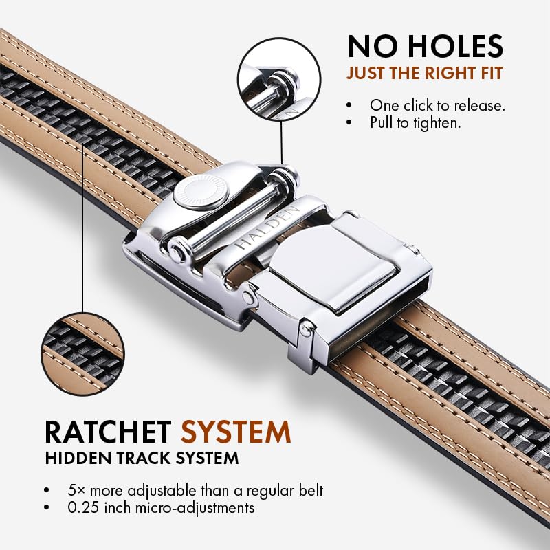Image of HALDEN THEO Belt For Men Leather Original (Adjustable Fits Up to 44 Inch Waist) Ratchet Straps, Unique Magnetic Auto-lock Buckle Adjustable Belt For Men