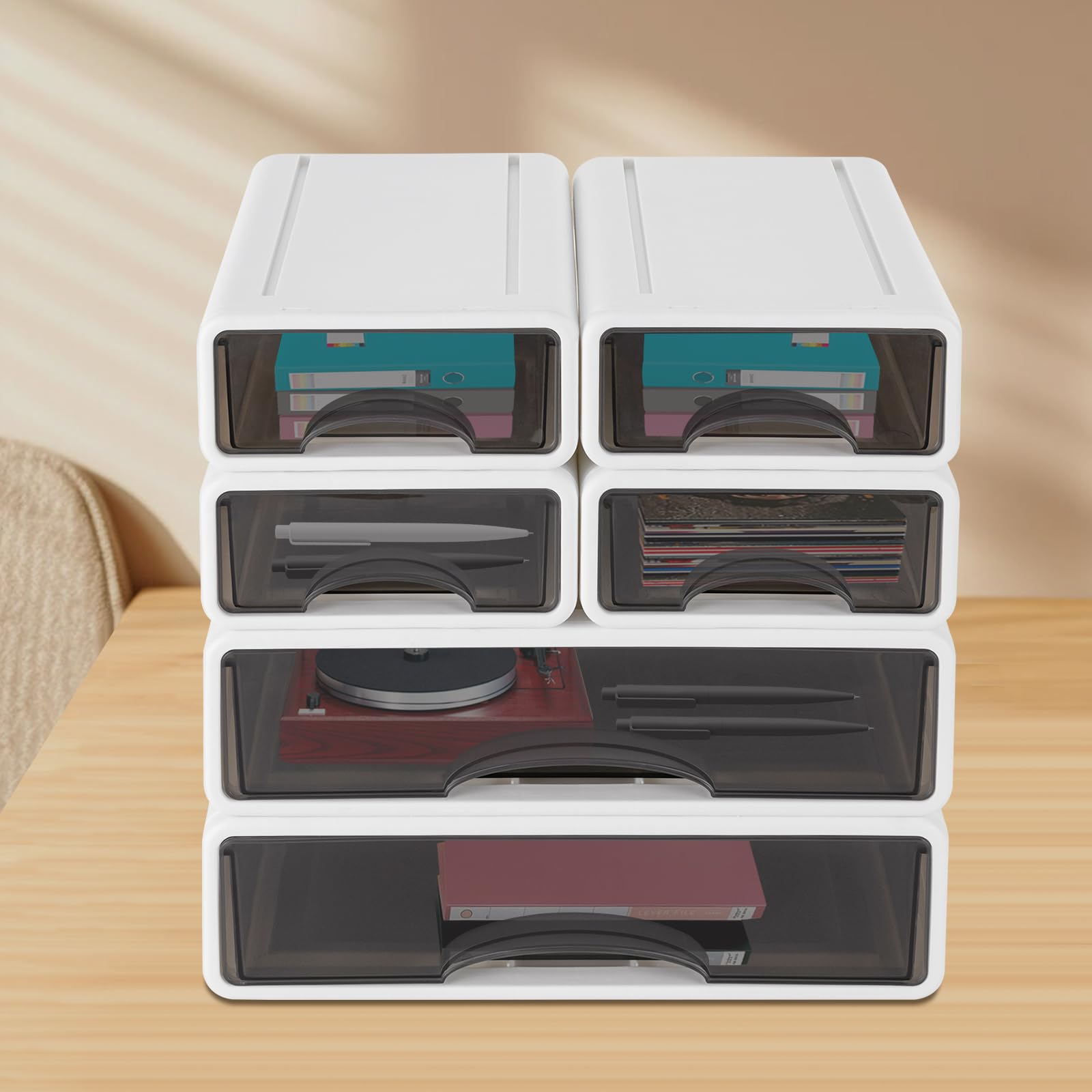 Boîte de rangement de bureau, Lot de 6 Organisateur de Bureau à Tiroirs Empilables, Tiroirs de Rangement en Plastique, pour bureau, Maquillage, fournitures artistiques, 34 x 25 x 33 cm