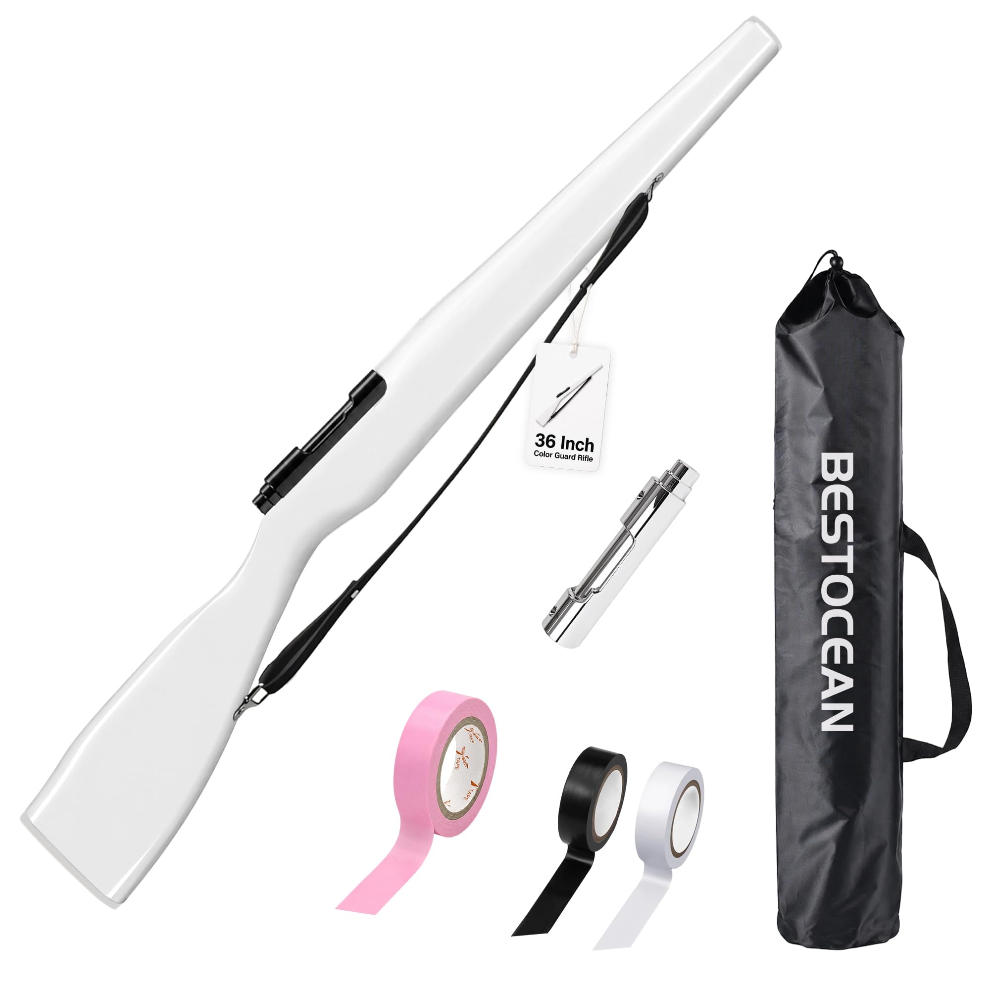 Photo 1 of Color Guard Rifle, 36 Inch Wooden Drill Rifle with Double-Layer Glossy Finish, Black Strap, Foam Padded Ends, Includes 2 Bolt Pieces & 3 Rolls of Rifle Tape, Practice for Marching Band & Winter Guard