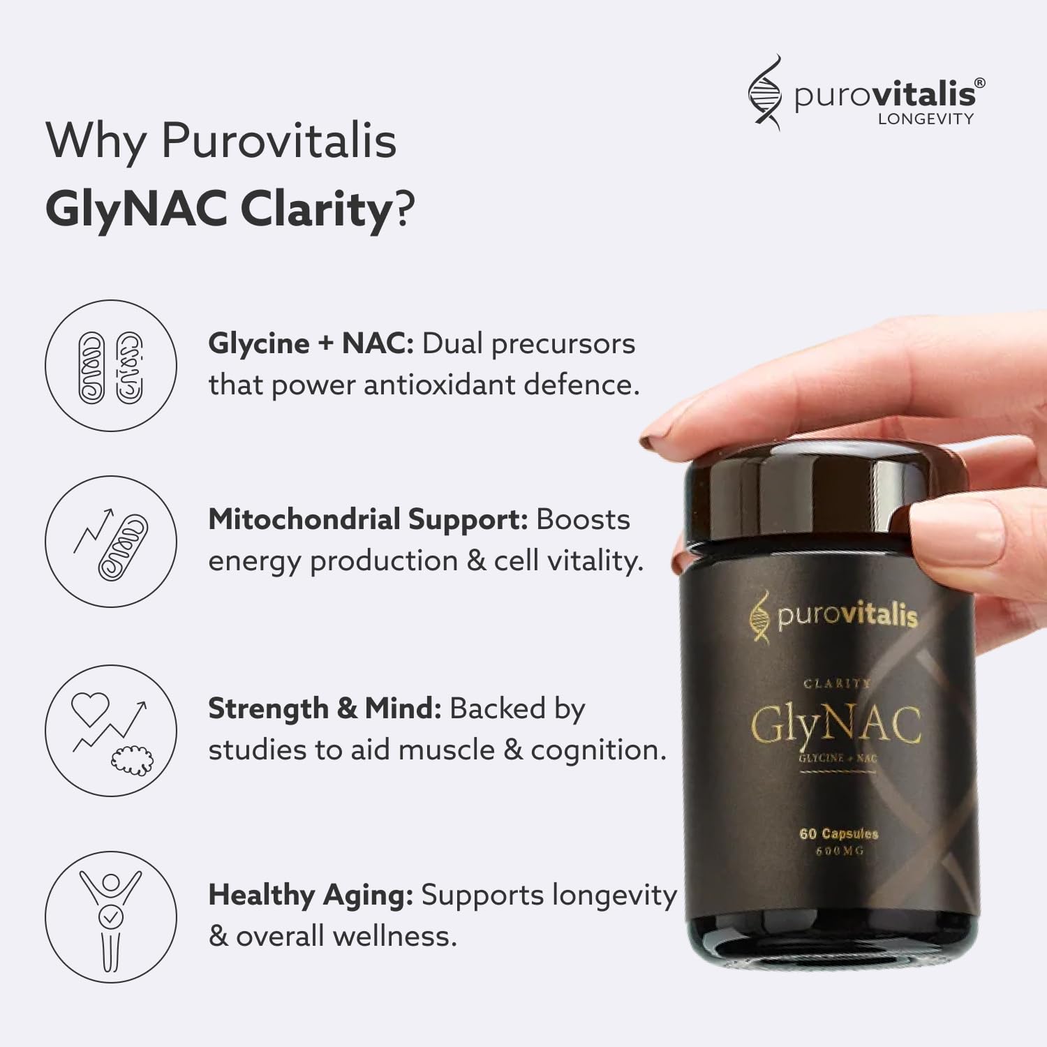 PUROVITALIS GlyNAC Clarity, Glycin + NAC Supplement, je 600 mg, unterstützt Glutathion, Zellgesundheit & gesundes Altern, 1-Monatsvorrat (60 vegane Kapseln)