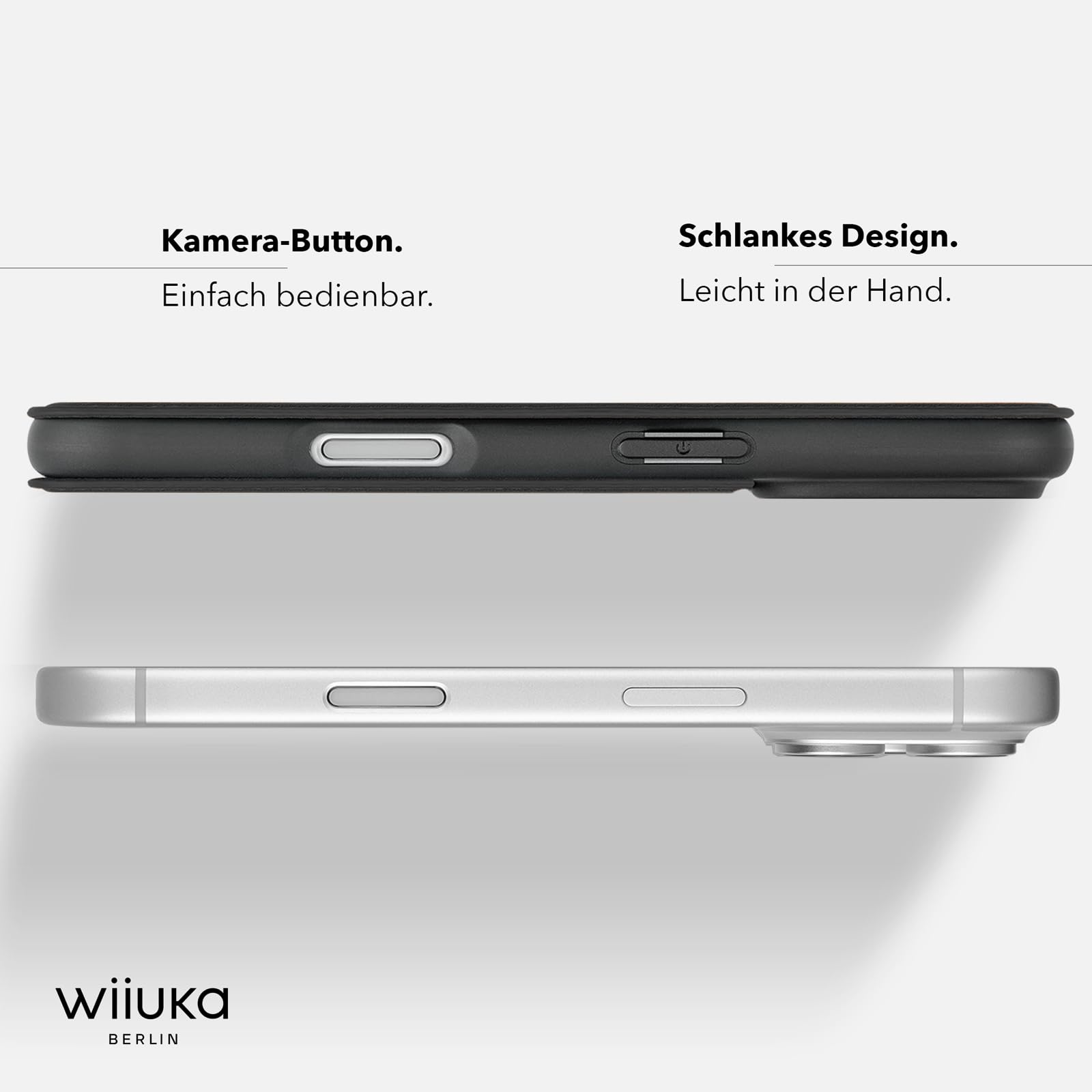 WIIUKA Hülle für iPhone 17 Pro, Leder aus Deutschland, mit Kartenfach, extra Dünn, Handyhülle mit Standfunktion, Tasche, Klapphülle, suiit, Teil, Schwarz