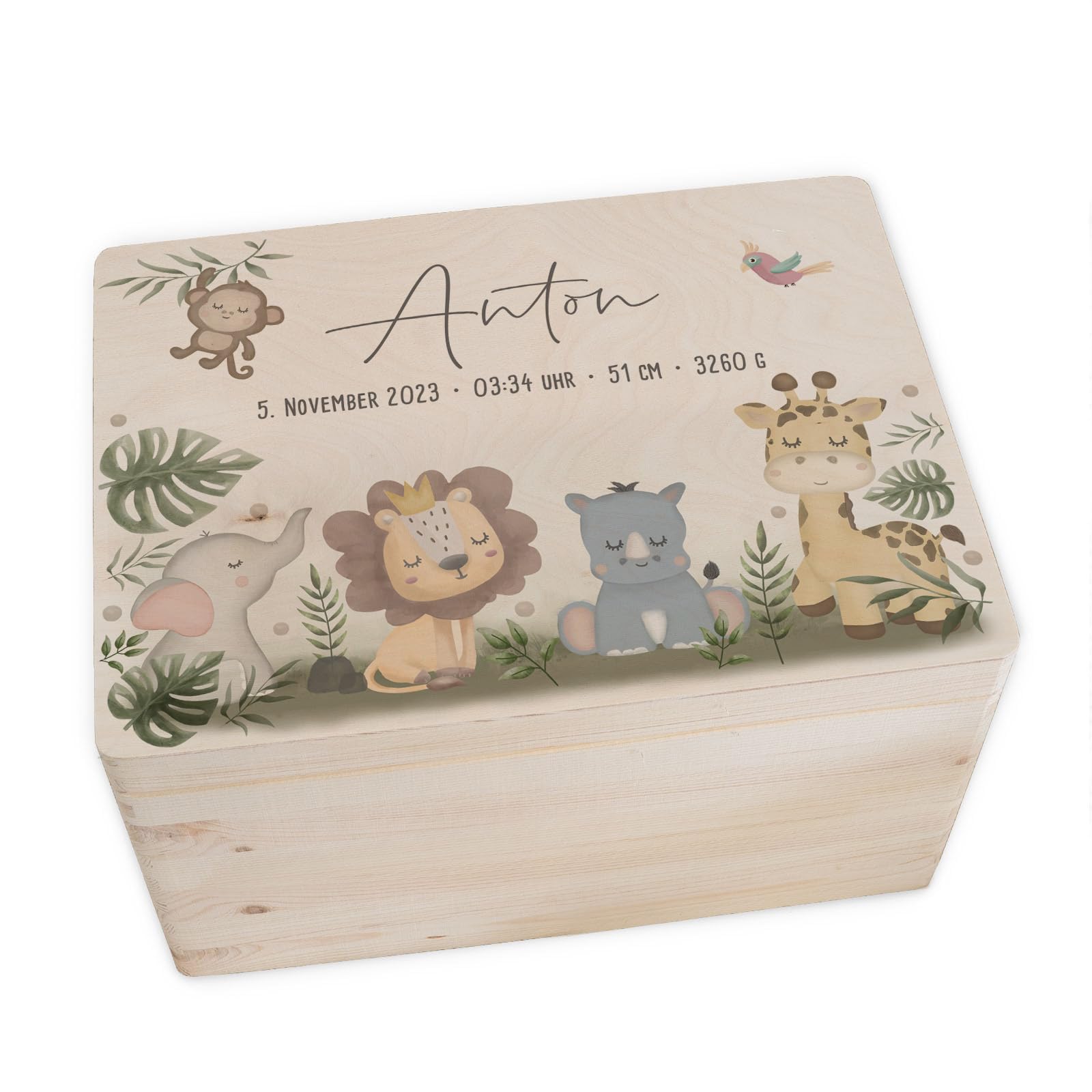 hellomini Personalisierte Erinnerungsbox Baby - Erinnerungskiste mit Namen aus Holz - Geschenk zur Geburt für Mädchen & Jungen - Babygeschenke (Safari, L: 40x30x23cm)