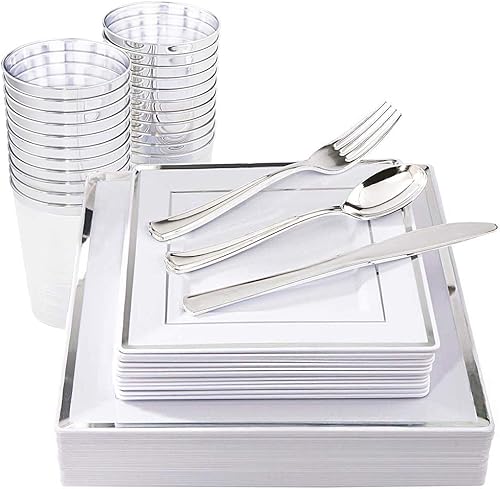 I00000 - Paquete de 150 piezas, platos cuadrados, cubiertos y vasos desechables de plástico plateados que incluyen: 25 platos llanos, 25 platos de