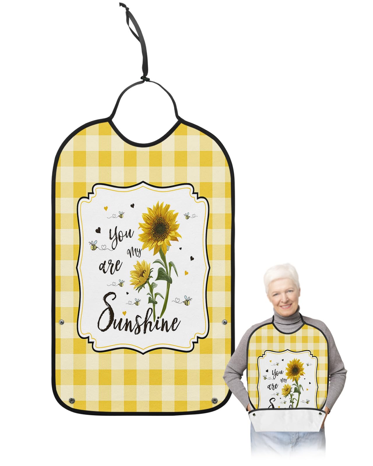 Sunflower Adult Bibs for Eating, Waterproof Bibs with Food Catcher & Adjustable Snap Closure, Farmhouse Yellow Plaid Spring Floral Summer Bee Clothing Protectors Adult Bibs for Elderly Women/Men