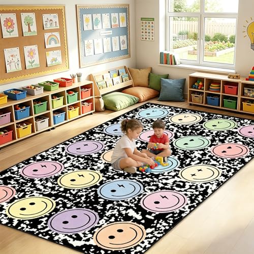 5x7.6 ft Smile Face Classroom Rug Happy Face Educational Area Mat Composition Notebook Play Carpet Back to School Learning Mat for Preschool Playroom Nursery Kindergarten(Black and White)
