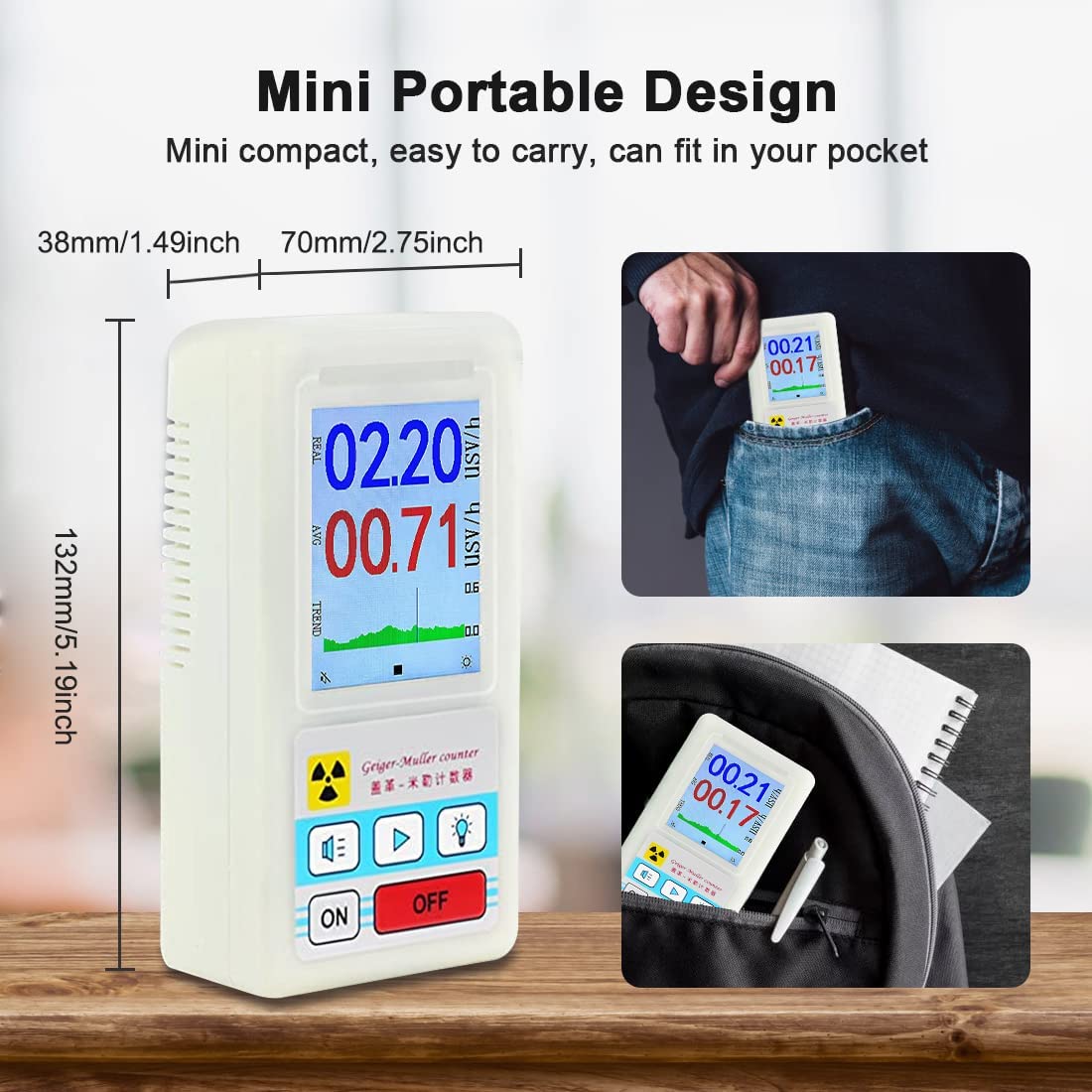 Geigerteller, radioactiviteit, stralingsmeter, herbruikbaar, Emf-meter, USB- oplaadbaar, zeer nauwkeurige dosimeter met achtergrondverlichting, persoonlijke dosimeter, radioactiviteit (zwart