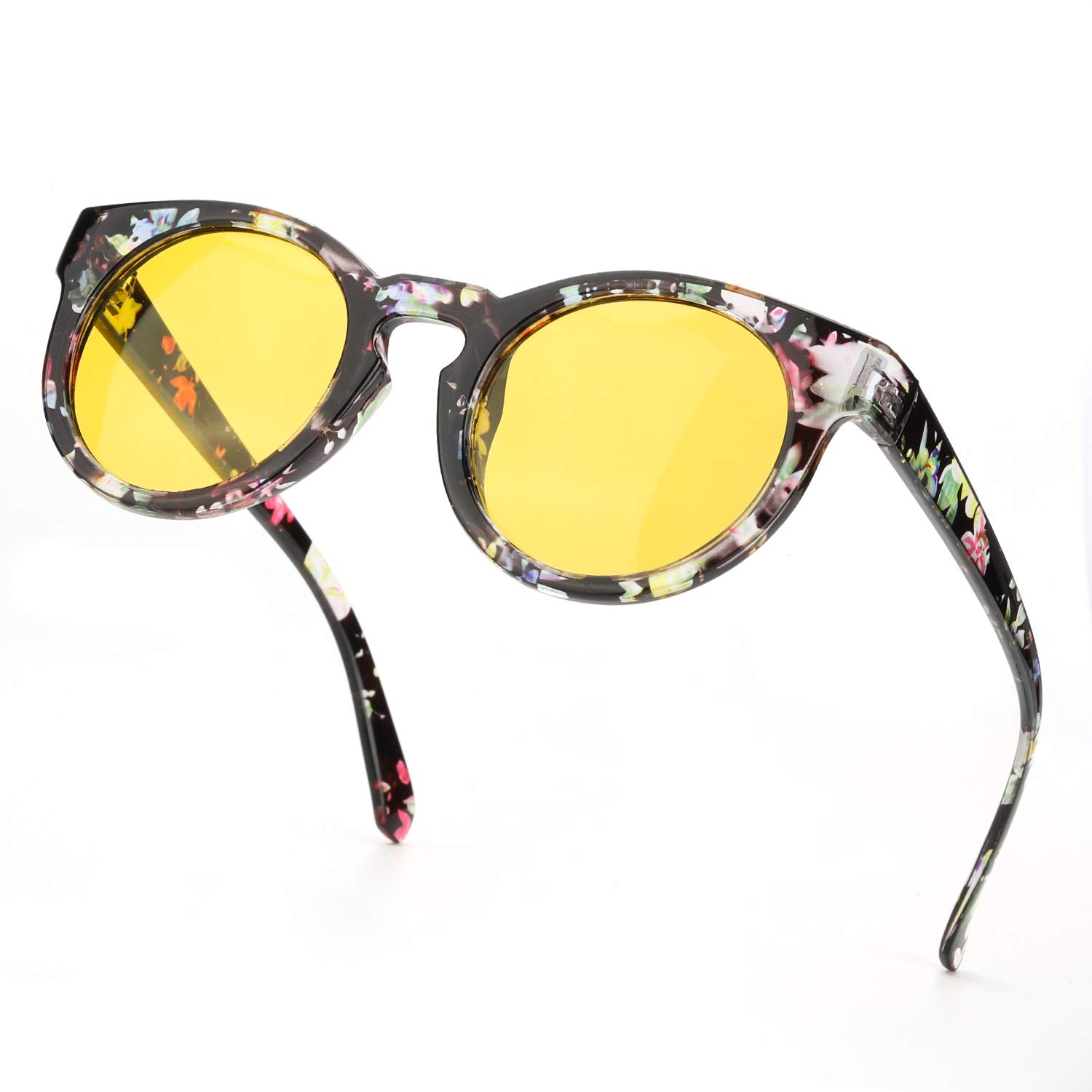 SODQW Round Night-Vision Driving Anti-Glare Gl, HD Sight Polarized Yellow Night Guide Rainy Safe Gl (A4 Floral Frame/Yellow Night-driving Gl)