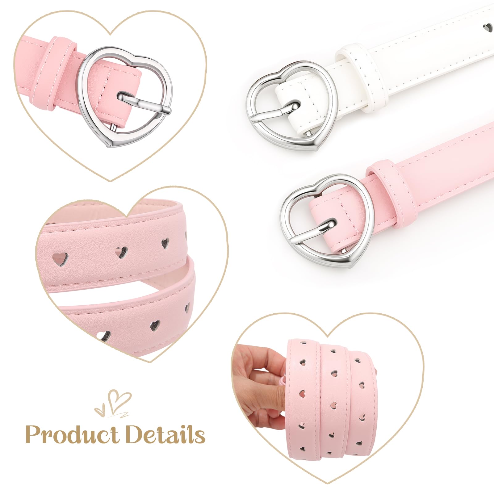 2 Pièces Ceinture Enfant Fille - Accessoires de Mode Avec Boucle En Forme De Coeur Réglable de 6-15 ans
