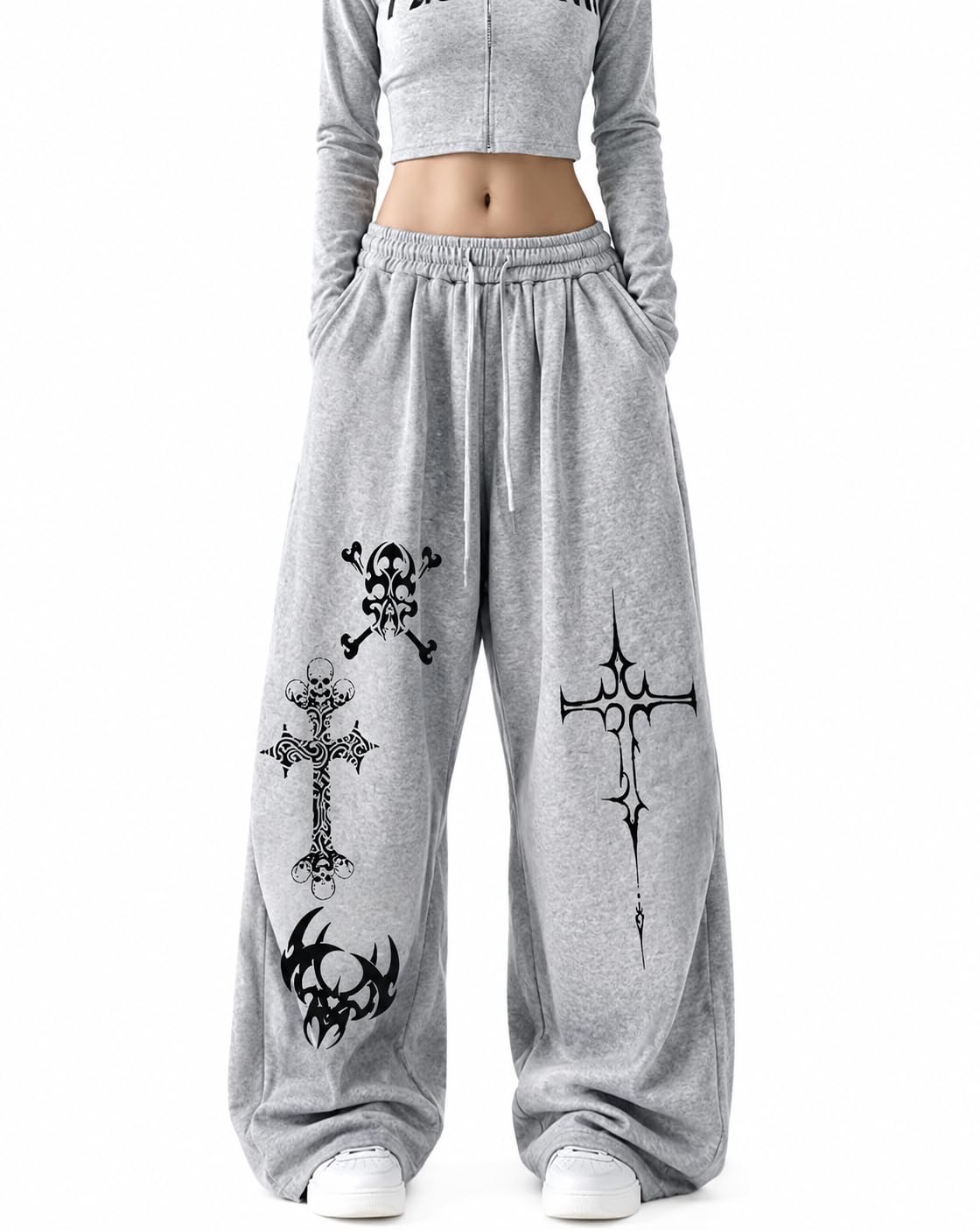 Women's Grey Printed Straight Baggy Fit Joggers Track Pants | Cotton Mid Rise Drawstring Casual Lounge Wear for Girls & Women-image-19